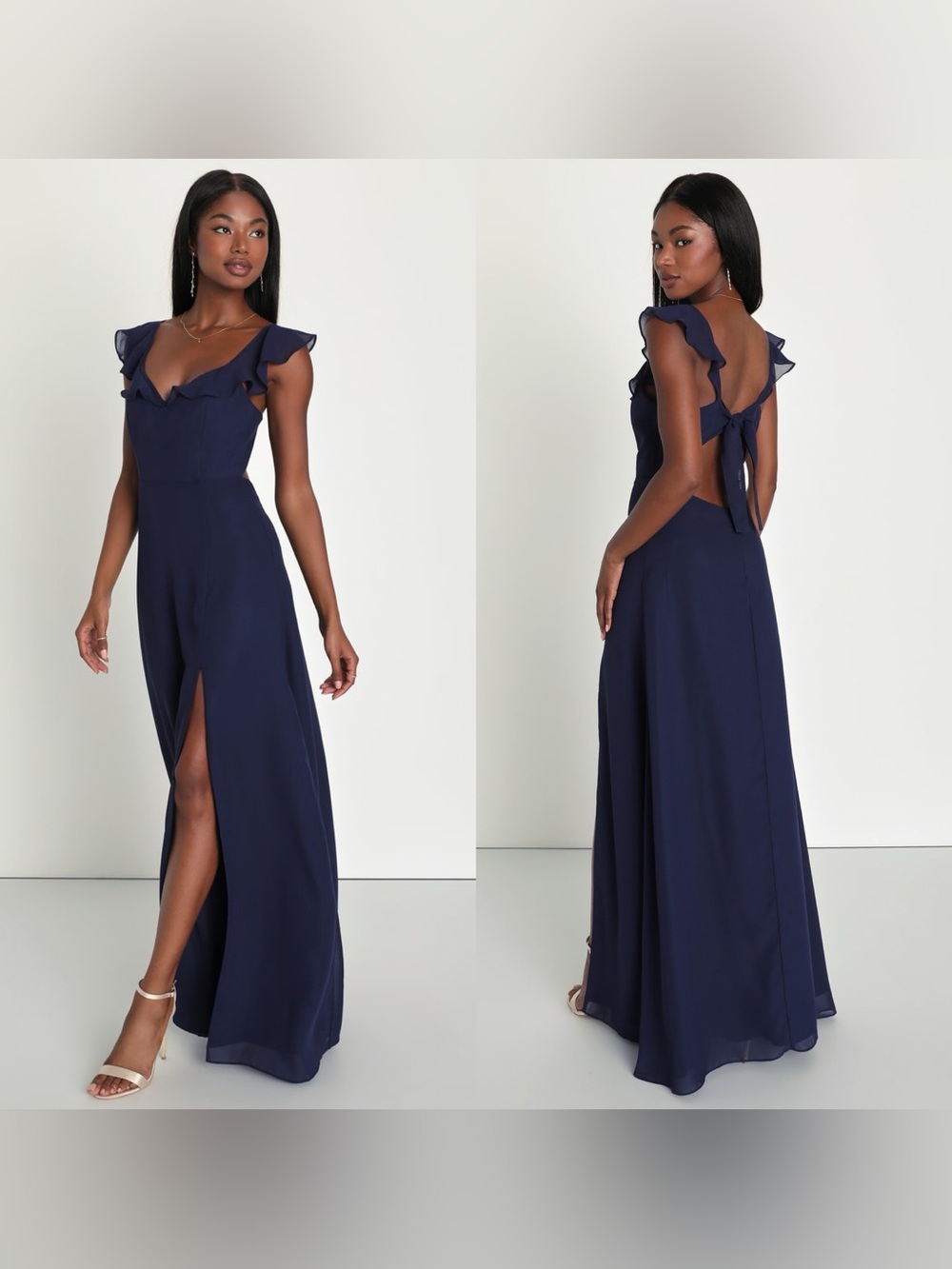 New LuLus Sz Md Sweetest Entrance Navy Blue Ruffled Tie-Back Maxi Dress